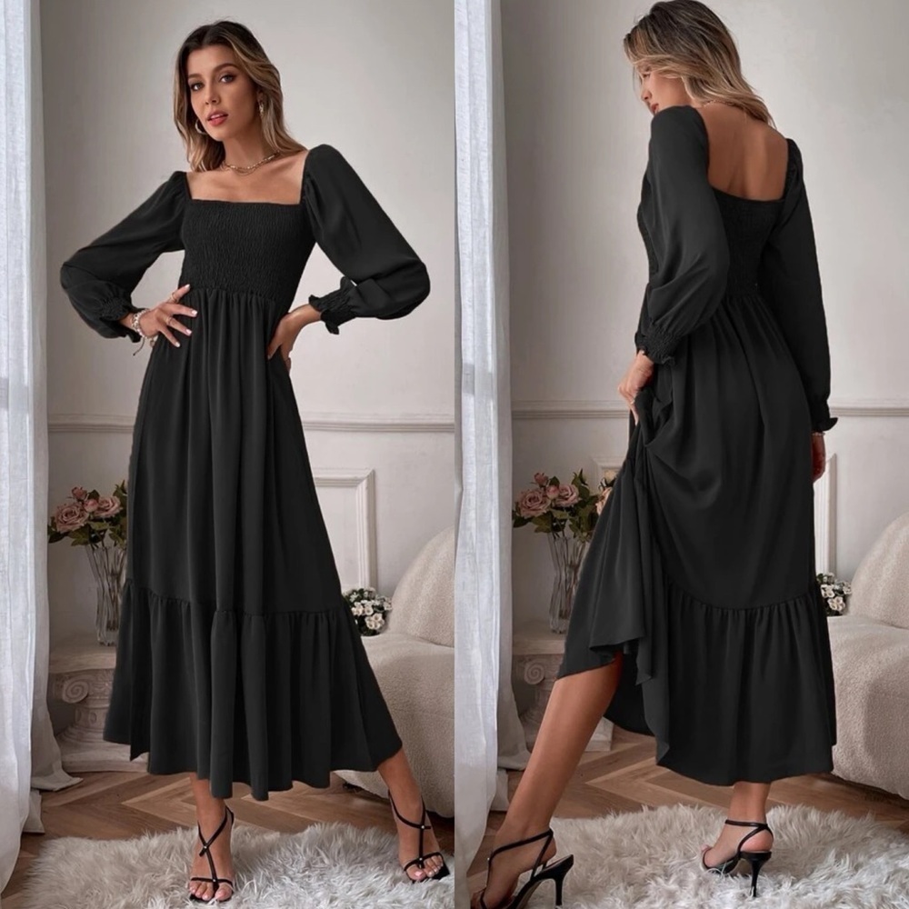 Shirred bust square neck long sleeve ruffle maxi dress boho gypsy rust brown - Picture 9 of 10